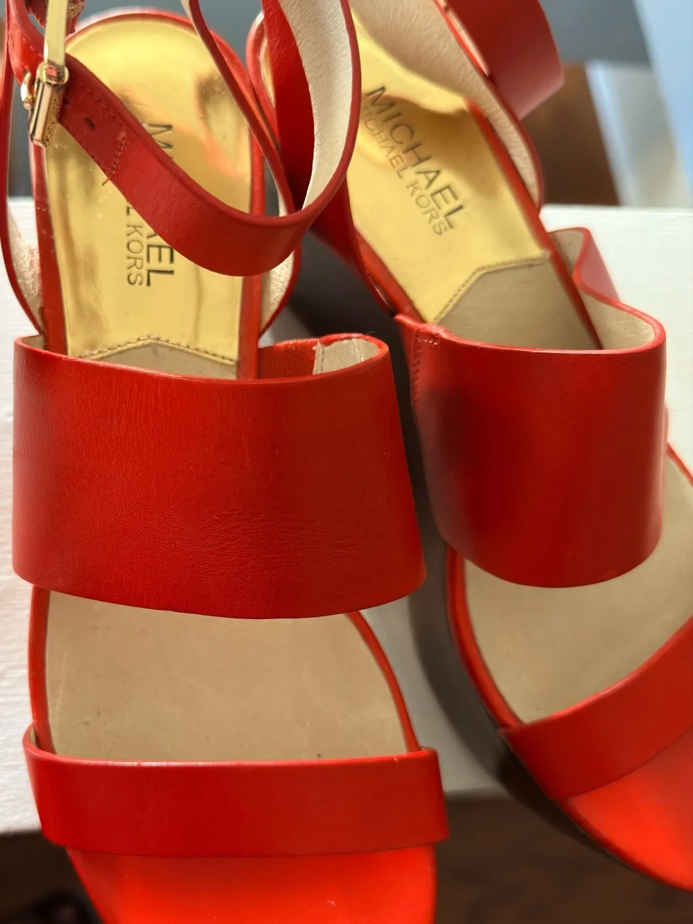 Michael Kors Coral Orange/Red Leather Ankle-Strap Sandals